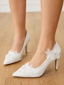 CUCCOO HITCHD Women's White Pearl Flower Decorated Pointed Toe High Heel Shoes, Fashion Versatile Design For Wedding, Party, Formal Events - White - View 3