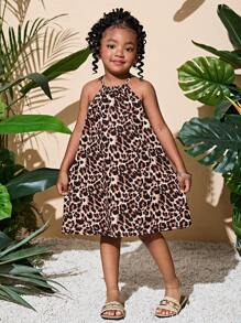 SHEIN Young Girl Woven Leopard Print Snug Fit Casual Sleeveless Dress - Coffee Brown - View 1