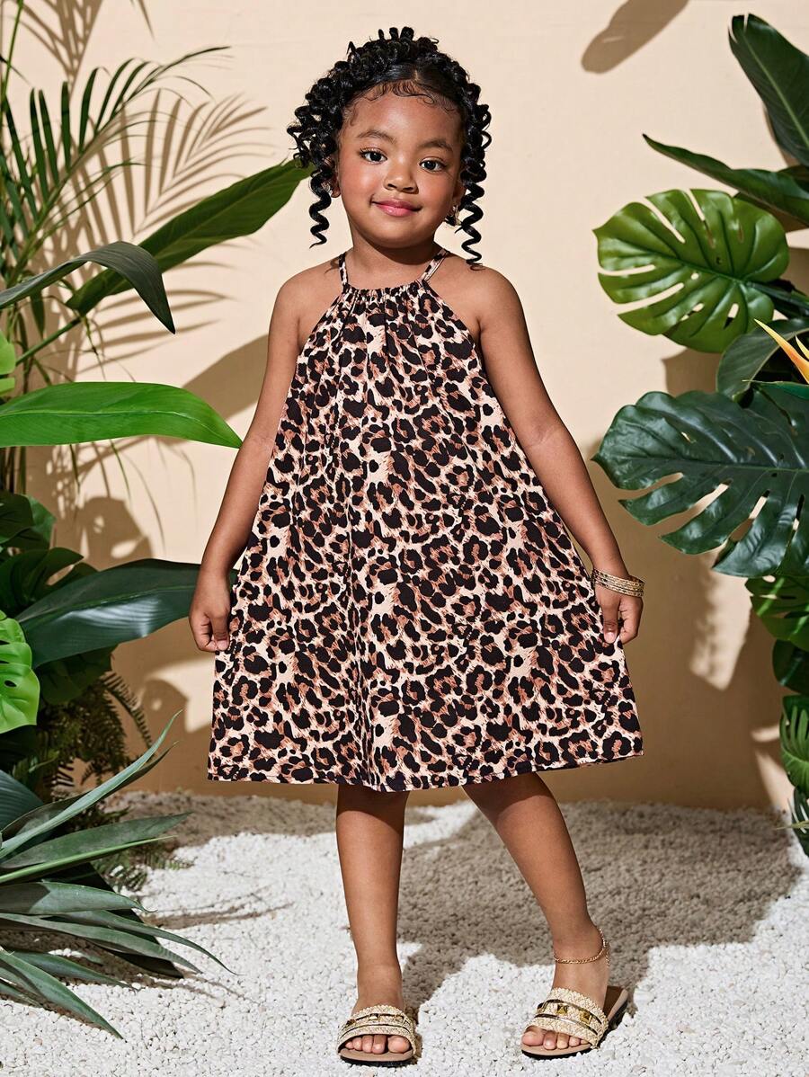 SHEIN Young Girl Woven Leopard Print Snug Fit Casual Sleeveless Dress - Coffee Brown - View 1