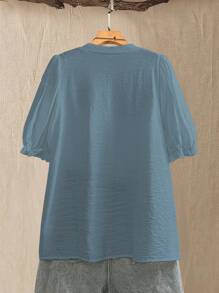 Linhara Blusa con manga abullonada con bordado y estampado floral para mujer talla extra - Azul - Ver 2