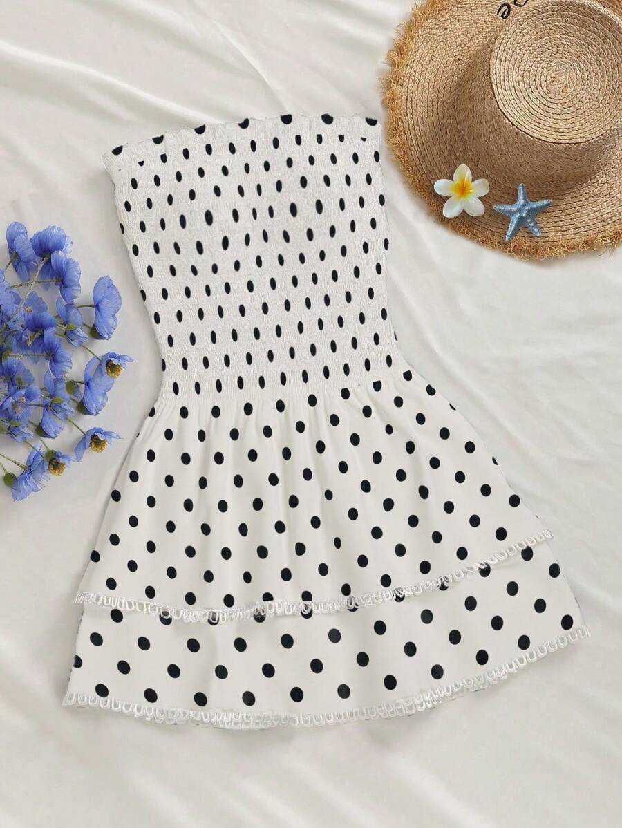 Sunnyshic 海军蓝露肩 A 字迷你连衣裙，褶皱腰身，镂空刺绣荷叶边饰边，波西米亚风格，百搭 - 彩色 - 查看 1