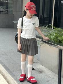 DAZY 2pcs Tween Girls Crew Neck Knitted Printed Ruffle Sleeve T-Shirt + Pleated Skirt Set, Summer - White - View 3