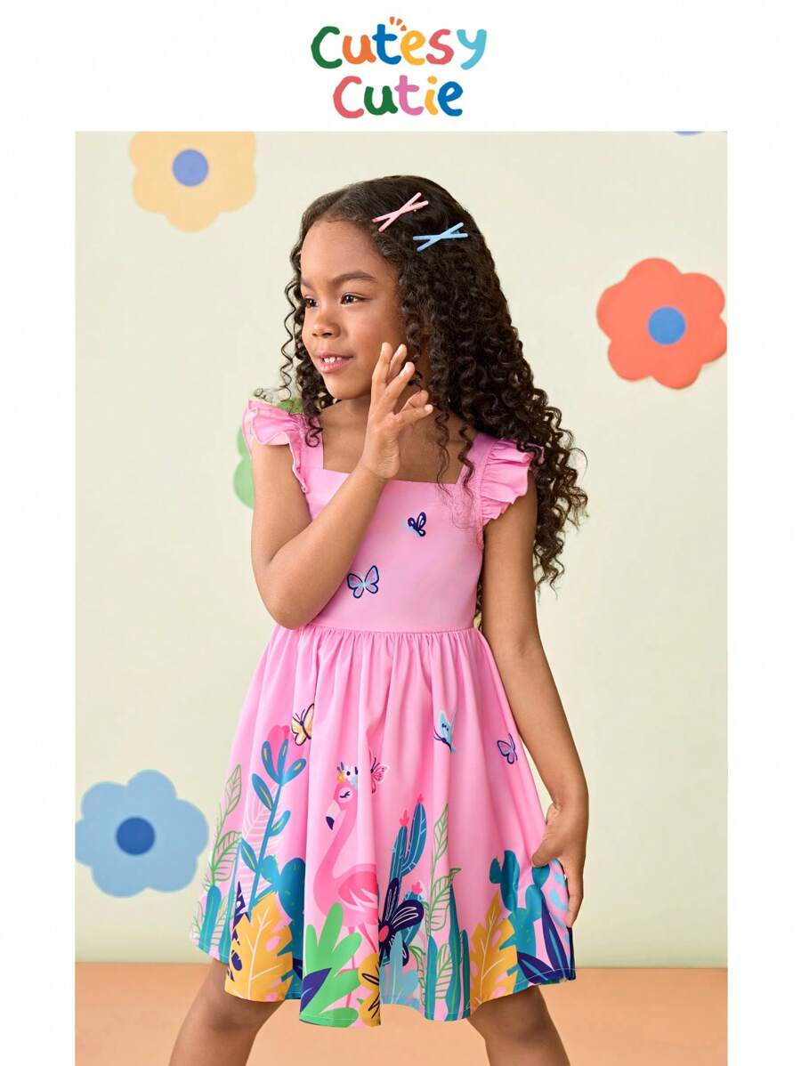 CutesyCutie  Young Girl Collared Snug Fit Dress With Cute Animal Print And Contrast Color - Green - View 1