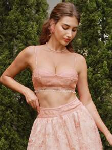 Savoree 2pcs Set: Elegant Women's Summer Vacation Outfit - Camisole Top With Lace-Up Back & Lattice Weave Pattern; Paired With Long Floral Lattice Weave Skirt - Dusty Pink - View 2