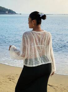 SHEIN Clasi Plus Size Women's Elegant Summer White Lace Sheer Blouse, Floral Batwing Lantern Sleeve Cropped Tops For Beach Holiday,Party,Club Galas - White - View 5
