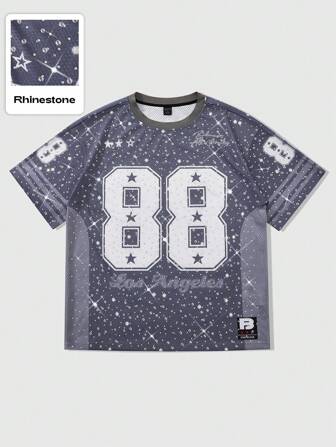 Street Life Camiseta de tirantes de verano para hombre con nuevo estampado con diamantes de imitación, estilo deportivo urbano, de manga corta, color gris, con estampado en caligrafía de "Los Ángeles" y patrón numérico de estrella "88"