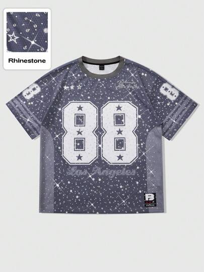 Street Life Neues, stylisches Herren-T-Shirt mit Strass-Grafik-Print im sportlichen Streetwear-Stil, kurzärmlig, graues Sport-Tanktop mit kräftigem Los Angeles-Print in Kalligrafieschrift und numerischem "88"-Sternmuster