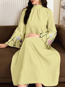 Al Najma 女式花卉印花立领长袖休闲宽松连衣裙，优雅束腰阿拉伯连衣裙，适合日常休闲/旅行/度假/休假，端庄