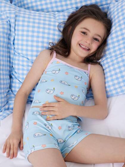 SEALOOK X SHEIN 2 pièces/set Jeune fille Ensemble de sous-vêtements, débardeur et short imprimé de phoque de bande dessinée mignonne, confortable