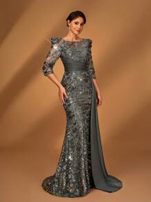 Serin 优雅奢华珍珠刺绣蕾丝和缎面拼接透视长袖美人鱼连衣裙，侧开衩，适合婚礼、派对、度假、庆典、新娘母亲晚礼服 - 深灰色 - 查看 4
