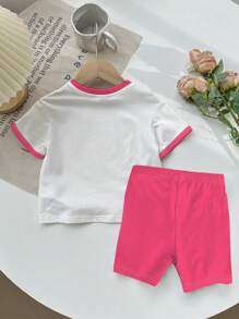 SHEIN Cute Cartoon Sheep Print Pink Eid Al-Adha Spring/Summer Casual Round Neck Short Sleeve T-Shirt & Leggings 2-Piece Set For Young Girl - Multicolor - View 3