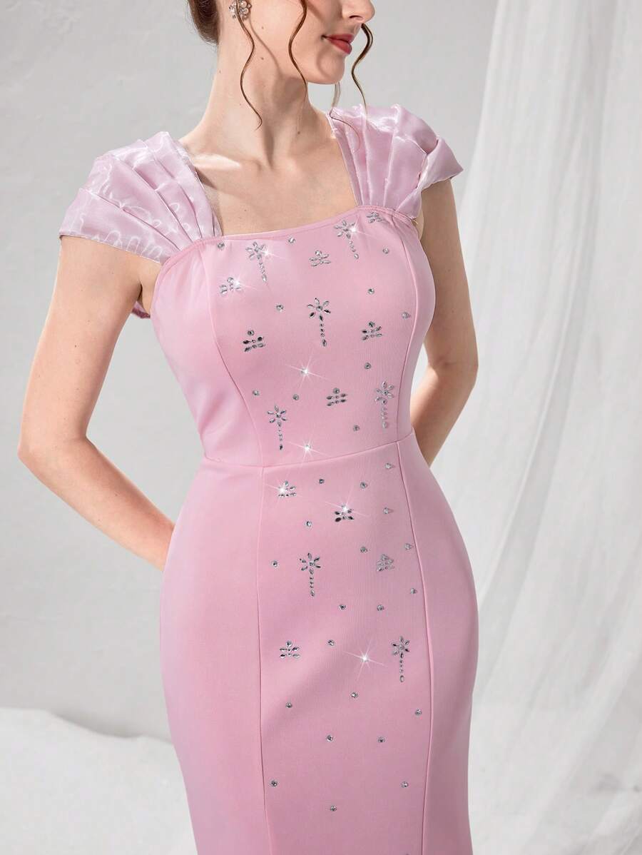 Poshira Women's Elegant French Style Pearl Embellished Mermaid Hem Fitted Dress, Slimming And Classy