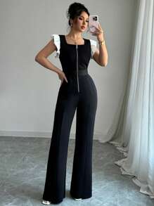 INAWLY Women's Elegant Floral Lace Contrast Color Zip Front Black Jumpsuit - Black - View 5