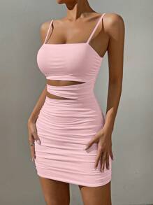 SHEIN PETITE Vestido negro sexy con corte y drapeado, atuendo para cita nocturna, ropa de verano, vestido de graduación, conjunto de playa para mujer - Rosa Pálido - Ver 4