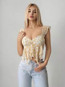Sweetina Áo ba lỗ lưới họa tiết hoa babydoll dễ thương màu vàng đi chơi mùa hè cho phụ nữ đi nghỉ ở bãi biển, thời trang cho mùa hè - Màu vàng - Xem 3
