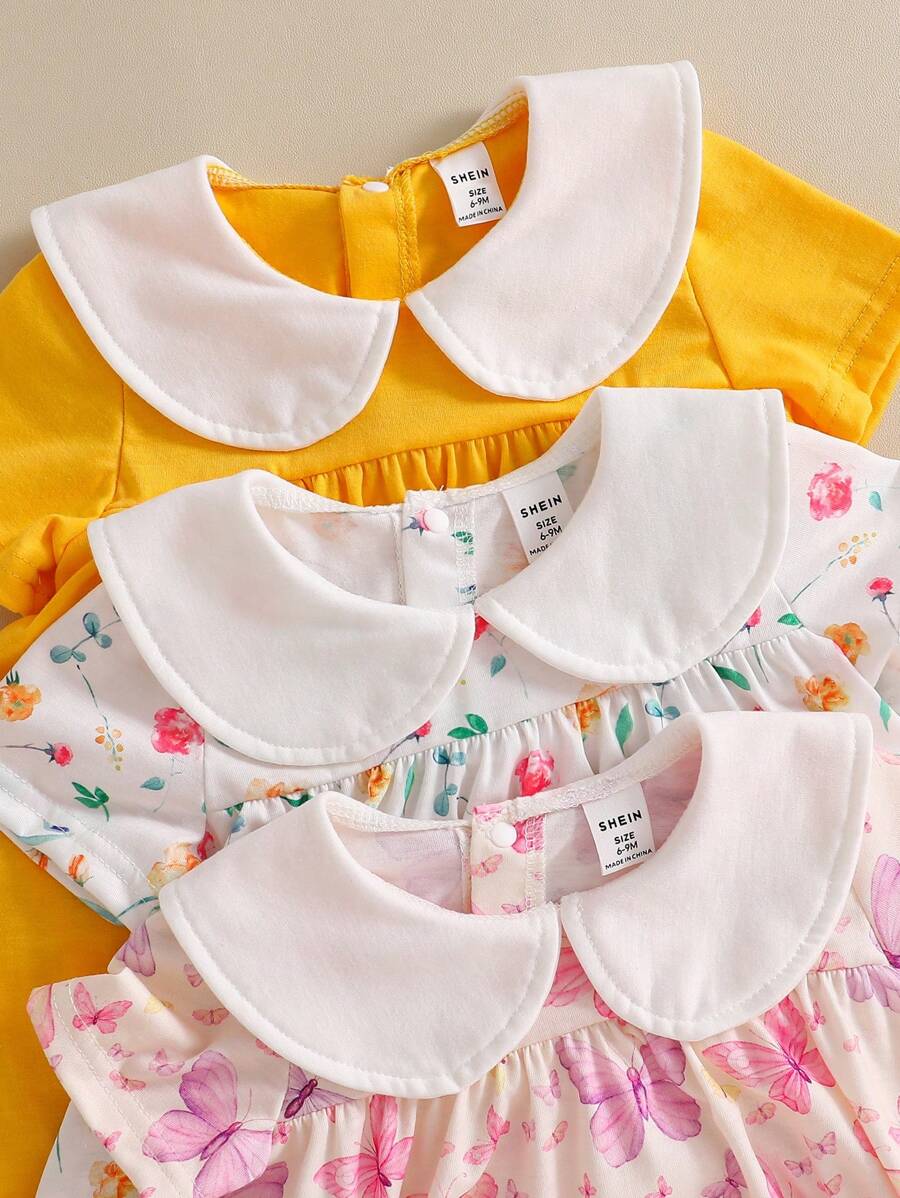 3件套女婴清新可爱碎花拼接彼得潘领连衣裙套装，适合休闲、户外、派对和社交场合。黄色女婴连衣裙，黄色套装，女婴黄色连衣裙，女婴黄色连衣裙。