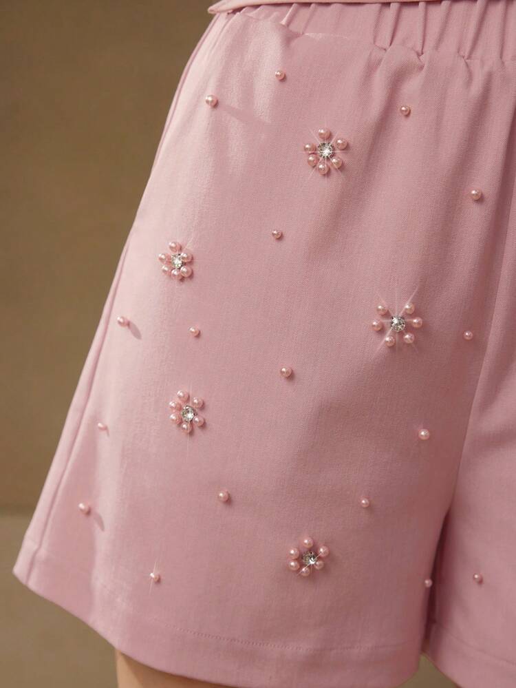 RHINESTONE DECOR ELASTIC WAIST SHORTS