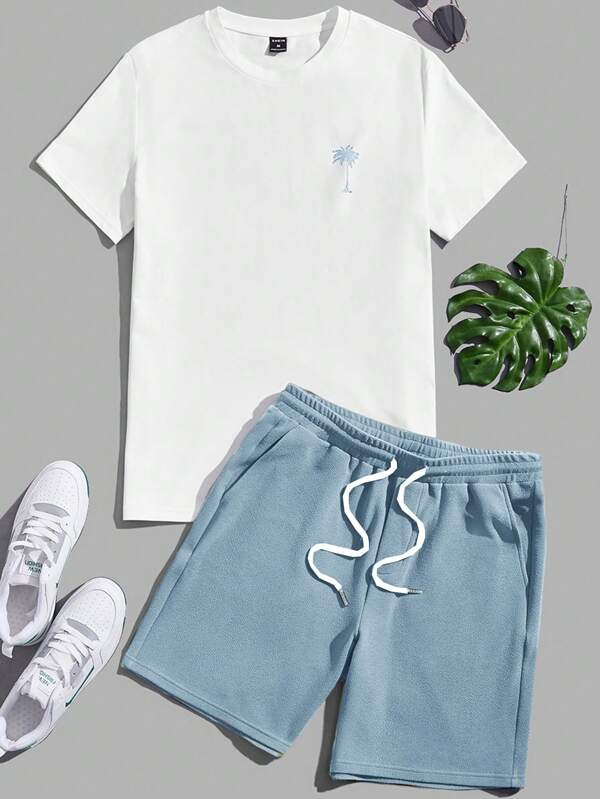 Manfinity VCAY 2pcs/Set Men's Casual Coconut Tree Print T-Shirt And Shorts Knit Suit, Summer