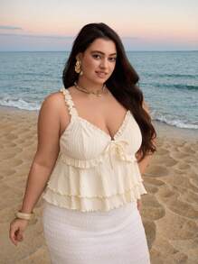 SHEIN MOD 杏色浪漫可爱乡村风吊带上衣，荷叶边装饰，荷叶边，度假，野餐，约会，波西米亚风 - 杏色 - 查看 6