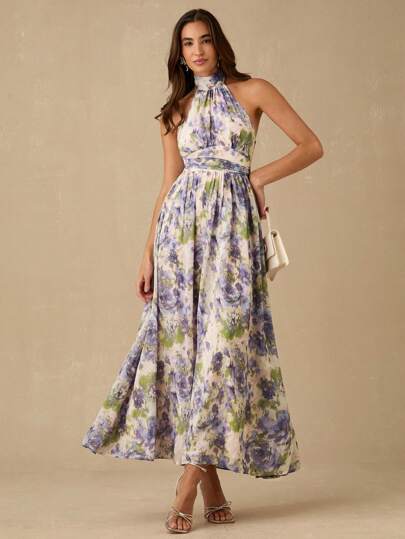 Enchnt Spring/Summer Romantic Women's White&Blue Floral Print Ruched Sleeveless Halter Backless Maxi Dress,Sweet&Elegant For Vacation&Date&Holiday&Party&Graduation&Wedding Guest&Beach,Prom Dress,Summer Dresses For Women,Sun Dresses For Women,Summer Clothes, ,Elegant Dresses For Party,Bohemian Clothes Vacation Dress