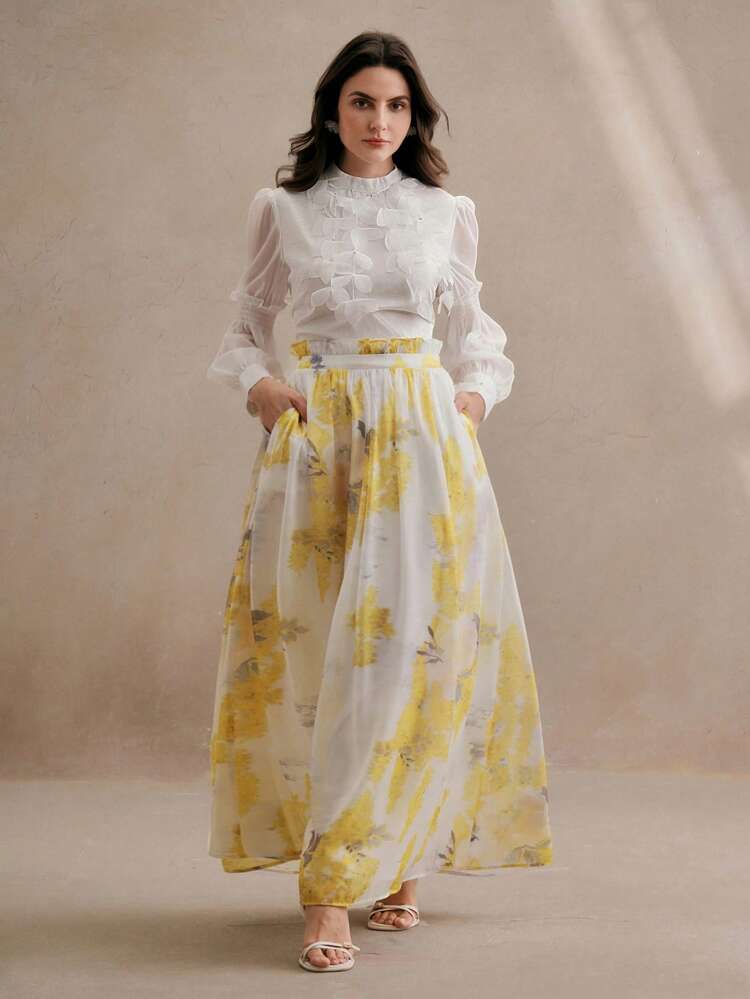 Women's Holiday Floral Print Frill Trim Maxi Skirt