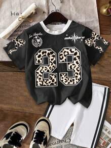 SHEIN Leap Crew 年轻女孩休闲简约短袖上衣和短裤两件套，适合夏季 - 彩色 - 查看 2