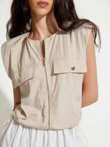 GENKIRA New Casual Round Neck Zipper Stitching Long Dress For Women, Spring/Summer - Khaki - View 1