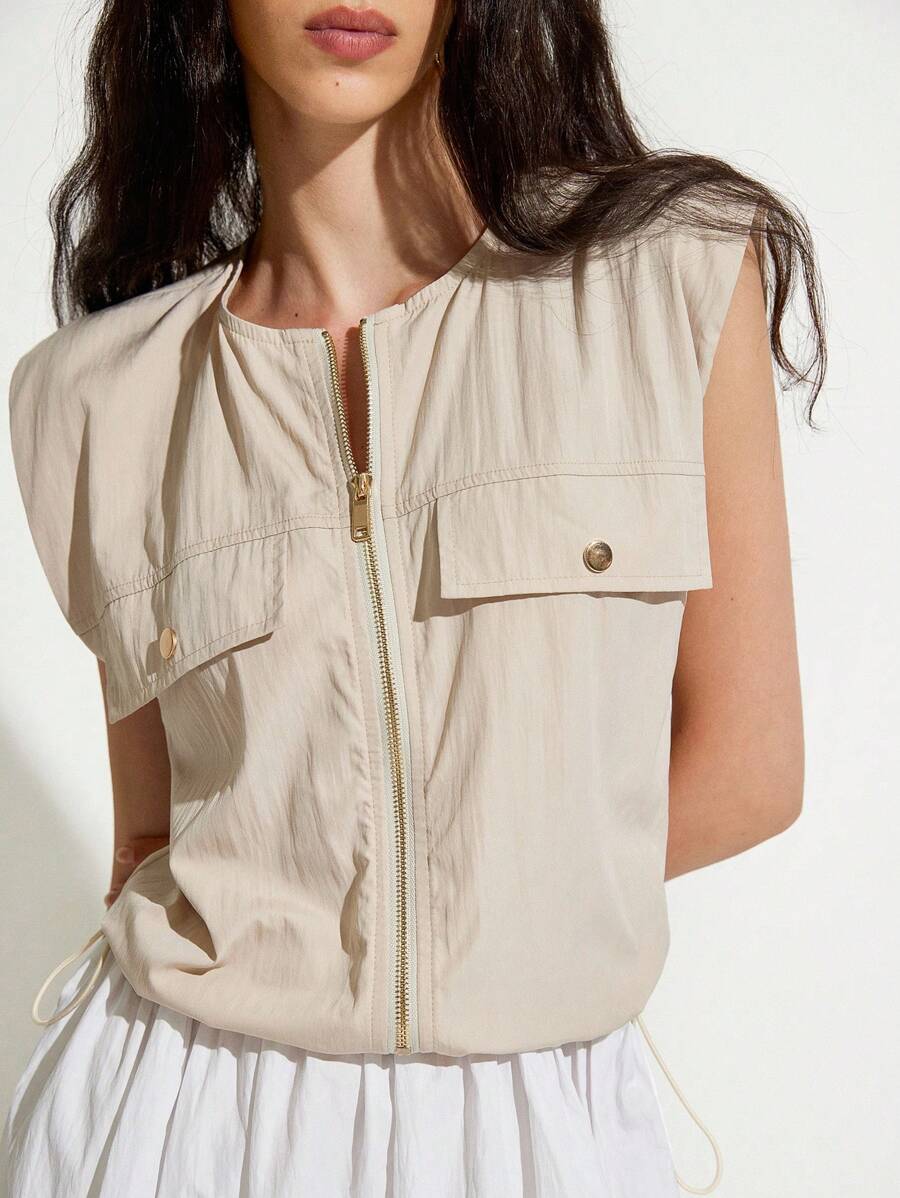 GENKIRA New Casual Round Neck Zipper Stitching Long Dress For Women, Spring/Summer - Khaki - View 1