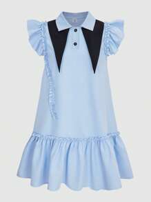 SHEIN Tween Girls Collared Partial Button Front Ruffled Sleeve A-Line Dress - Blue - View 9