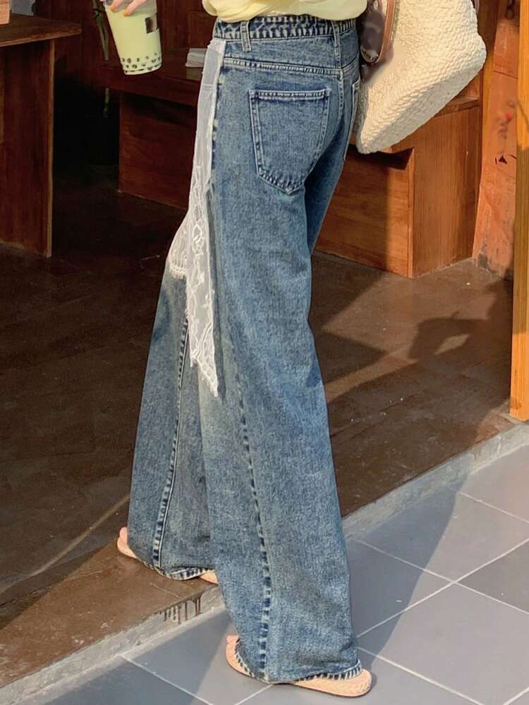 Washed Loose Wide Leg Contrast Lace Skirt With Denim Look Pants, All Seasons Women Jeans