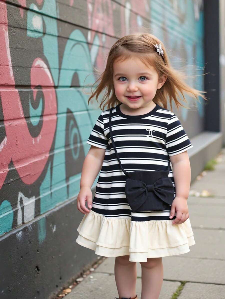 Vestido con bordado de lazo y bolsa con lazo a juego estilo rayado, diseño encantador para niña pequeña, adecuado para fiesta de verano o vacaciones - Multicolor - Ver 1