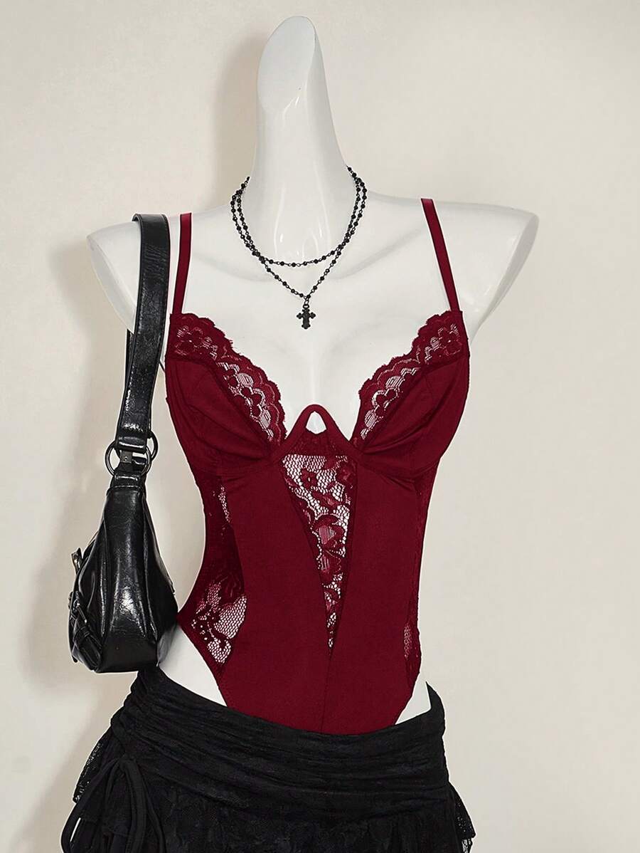 SHEIN ICON Y2K 春季嘉年华蕾丝拼布短款吊带背心上衣高腰露背女式吊带背心 - 酒紅色 - 查看 1