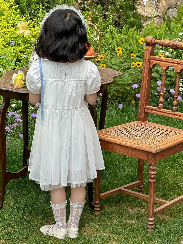 Young Girl Summer Elegant Solid Color Mesh Patchwork Dress
