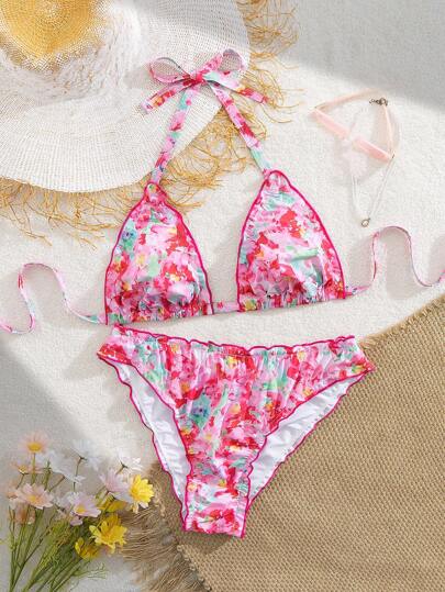 Swim Mod 大码女式两件套随机多色碎花时尚假日休闲性感简约系带蝴蝶结比基尼套装