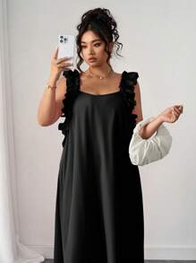 SHEIN PETITE 大码女式荷叶边方领连衣裙 - 黑色 - 查看 8