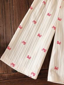 SHEIN Vintaside Kids 两件套女婴白色蕾丝边无袖短款上衣，带蝴蝶结和休闲长裤，舒适的春夏季度假服装，浅米黄色婴儿服装 - 杏色 - 查看 4