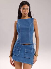 SHEIN BAE Women's Sleeveless Backless Denim Crop Top With Topstitching