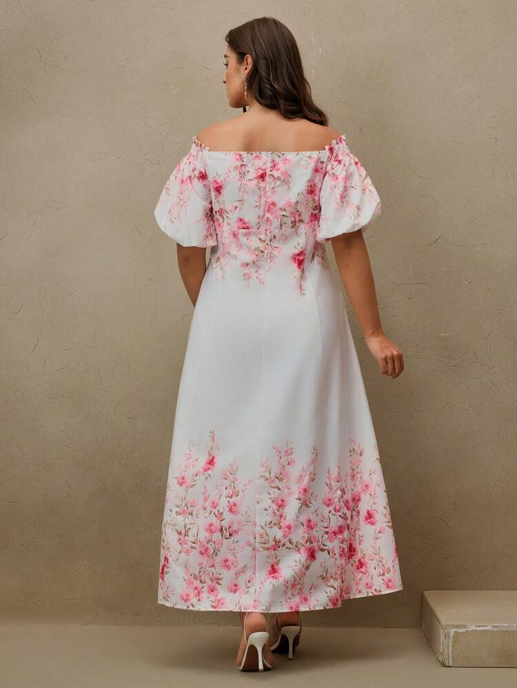 High Quality Plus Size Women's Fashion Elegant Floral Print Puff Sleeve Maxi Dress, Waist Tied Casual Summer Holiday Attire