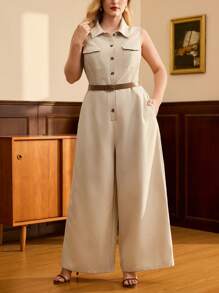 Vintamour Plus Size Women Button Front Sleeveless Pocket Jumpsuit - Khaki - View 5