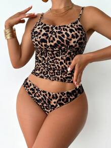 SHEIN Swim Summer Sexy Leopard Print Adjustable Strap Women Vest Top And Bikini Set, Beach Style Festival