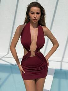 Aloruh Đầm Mini Khoét Hở Không Tay Màu Trơn Cho Nữ, Thích Hợp Cho Mùa Hè - Màu Đỏ Sâu - Xem 6