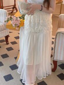 DAZY 3D立体花卉装饰弹力腰褶皱雪纺A字裙，休闲女装 - 杏色 - 查看 6