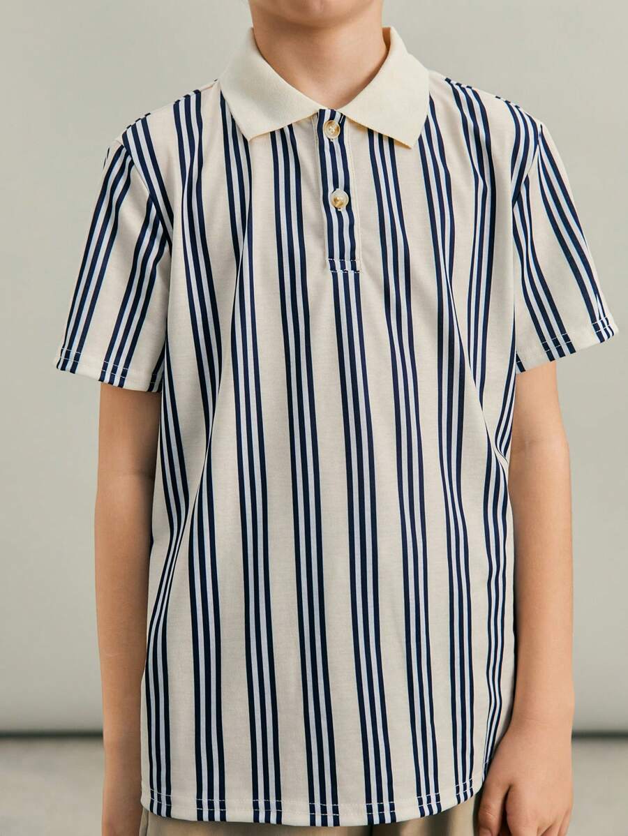 SHEIN Leap Crew Tween Boys' Casual Comfortable All-Match Versatile Printed Rib Knit Polo Collar Half-Placket Pullover Suitable For School, Garden, Beach, Birthday In Spring, Summer, Fall, Winter Seasons - White - View 1