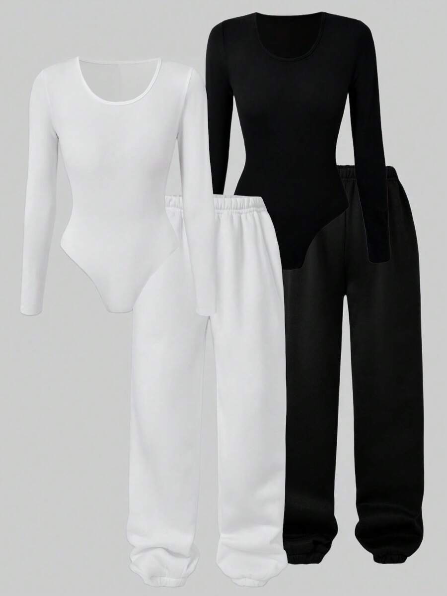 Sparklyn Set da 4 pezzi: Tuta intera a maniche lunghe bianca e nera e pantaloni in pile bianco e nero per ragazze teenager, comoda e versatile per l'autunno/inverno - Bianco e nero - Visualizzare 1