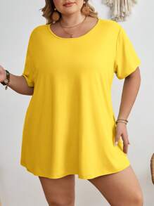 SHEIN CURVE+ Áo thun nữ cỡ lớn cổ tròn tay ngắn màu trơn, kiểu dáng thường ngày, màu vàng mùa hè/Áo thun cỡ lớn mùa hè/Kiểu đồng quê/Kỳ nghỉ biển/Trang phục đi biển - Màu Mù tạt vàng - Xem 6