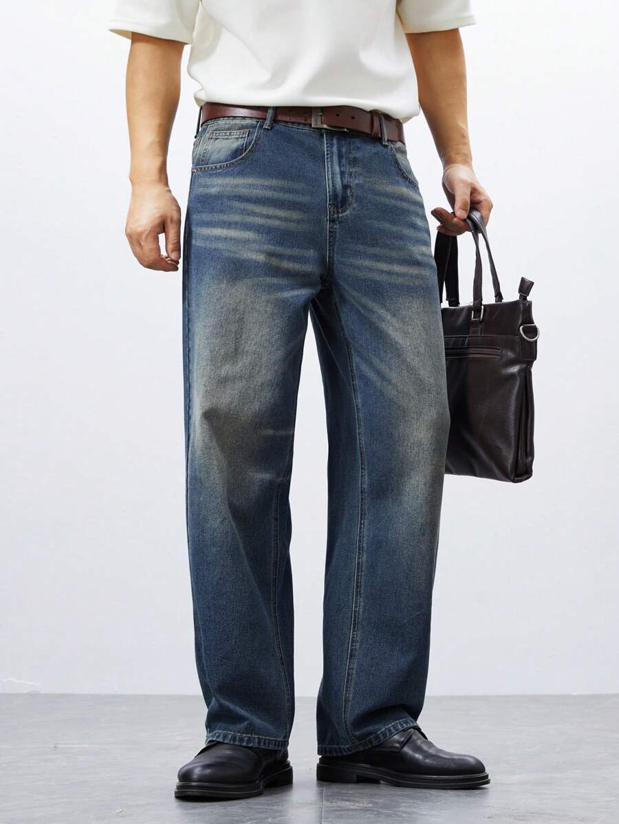 Manfinity Homme Men's Contrast Color Pocket Casual Versatile Straight Leg Jeans - Blue - View 1