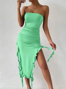 SHEIN Unity 女式纯色筒状抹胸镂空荷叶边下摆紧身连衣裙 - 薄荷綠 - 查看 4