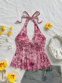 Soleia Áo Babydoll hở lưng cổ chữ V họa tiết hoa màu hồng cho kỳ nghỉ thường ngày của phụ nữ, thích hợp cho kỳ nghỉ hè - Hồng - Xem 5