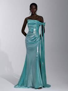 Glamrae 优雅的湖蓝色闪亮彩虹色涂层单肩露肩可拆卸蝴蝶结超长褶皱美人鱼风格开衩礼服，适合约会、单身派对、毕业典礼、返校节、舞会、生日、婚礼、正式活动 - 水鴨藍 - 查看 6
