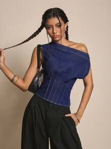 Easelle Millennium Girl Asymmetrical Shoulder Crop Top, Fashionable Summer Wear, Night Out, Vintage, Streetwear, Western Wear Women - Blue - View 5